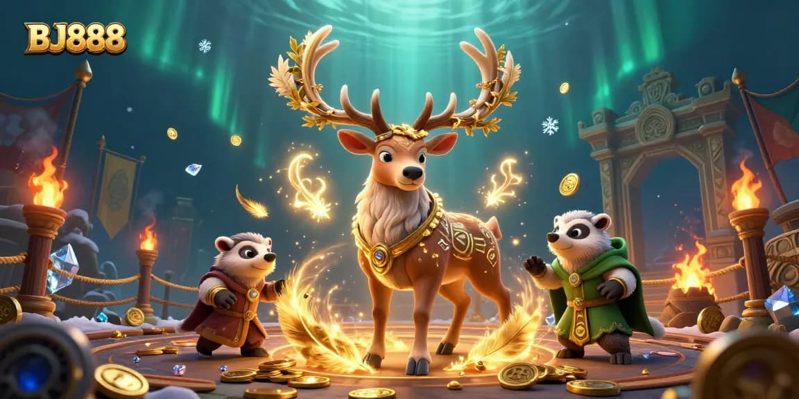 Experience the excitement of BJ888 with a dynamic gaming scene featuring a Celtic druid stag and badger.
