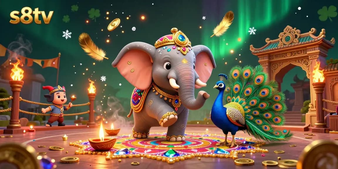 Bet on sports streams with s8tv's festive illustration featuring a vibrant elephant and peacock.