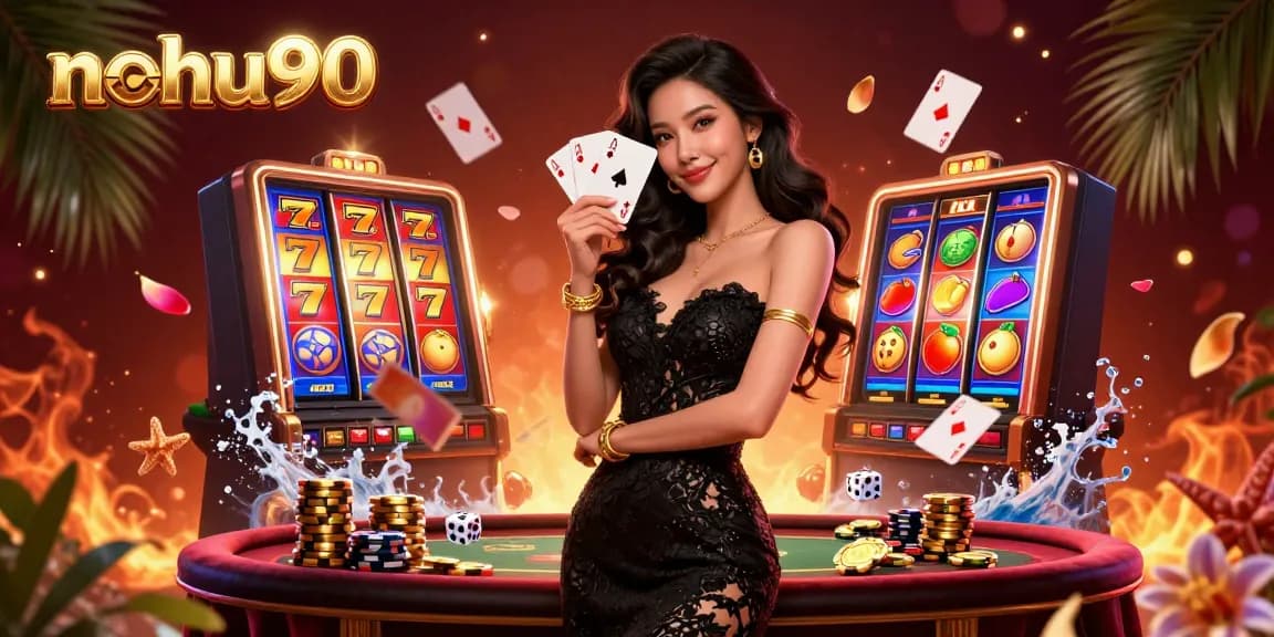 Nohu90 engages players with an elegant Asian woman holding ace cards in a vibrant casino backdrop.