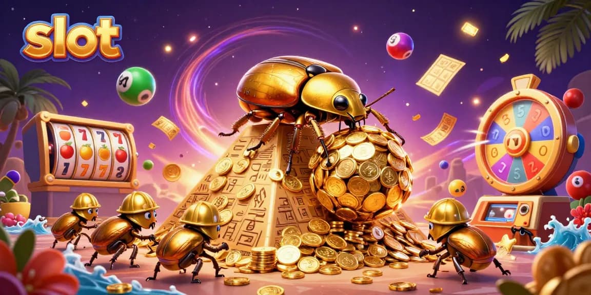 Menggulung bola emas pada mesin slot sambil dikelilingi bola lotere berwarna-warni dan elemen kasino