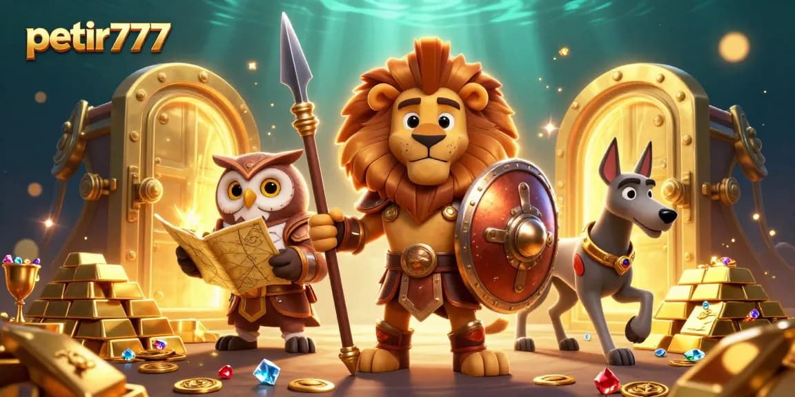 Engage with petir777 in an exciting casino adventure featuring a Spartan lion, strategic owl, and swift greyhound amidst treasure.