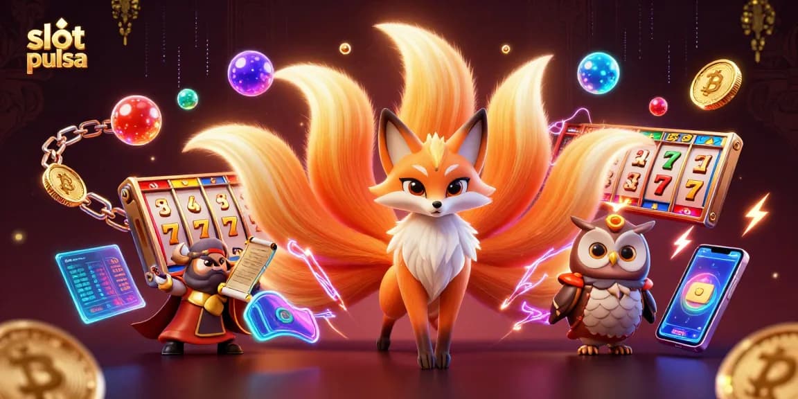 Experience the thrill of slot pulsa with vibrant slot reels, glowing characters, and crypto elements.