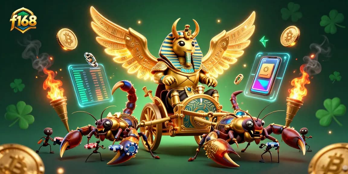 Join the winning fun at f168 with an exhilarating gambling scene featuring a golden scarab and poker chips.