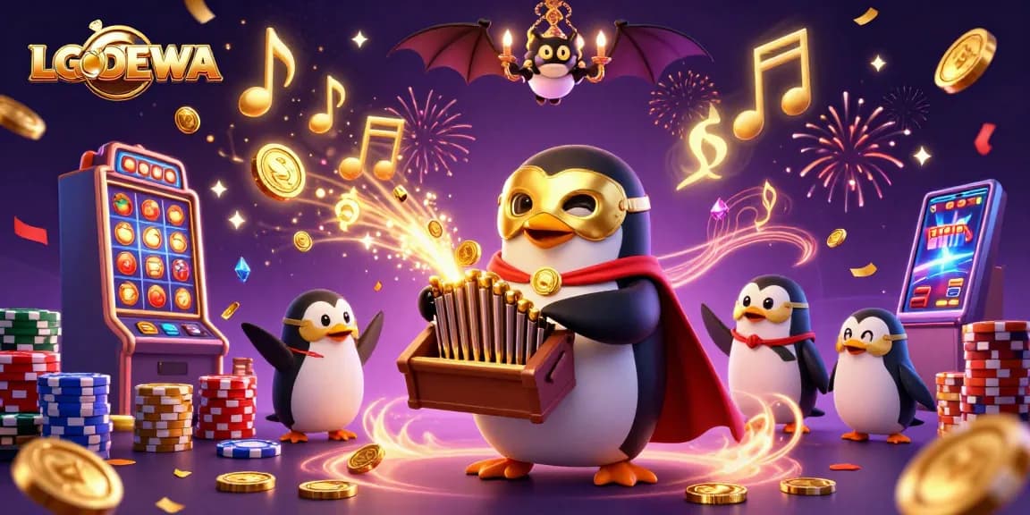 Engage with LGODEWA's thrilling slots while watching a magical scene of animating cartoon characters in a casino setting.