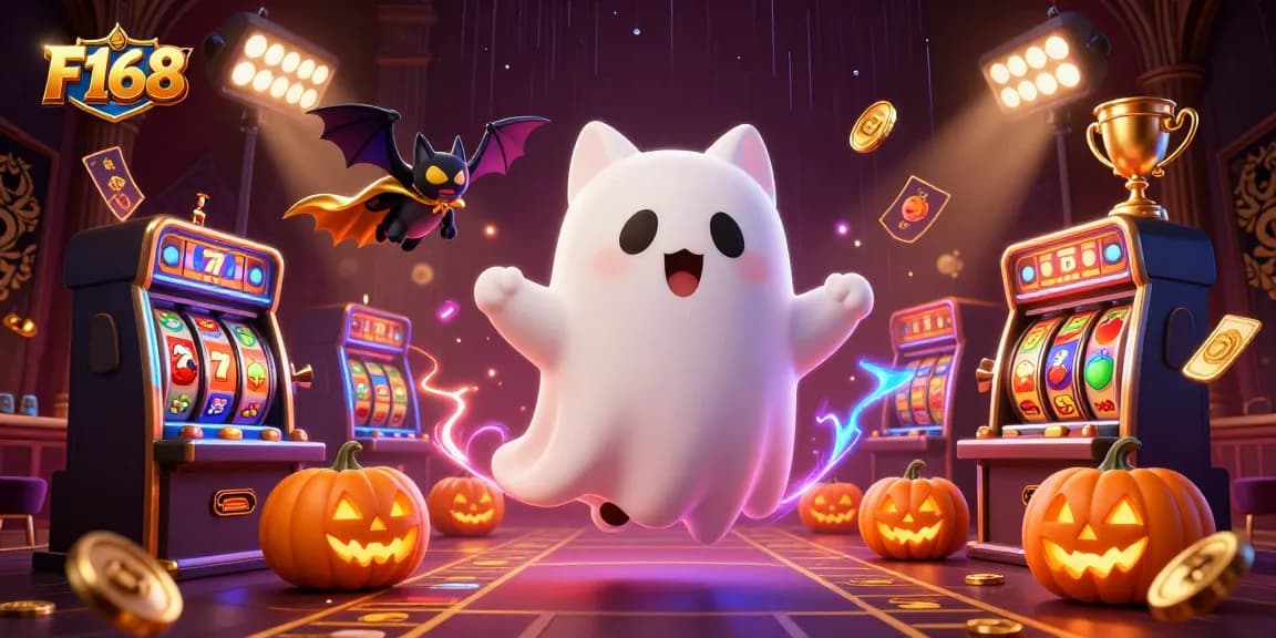 Experience the excitement of F168 with a vibrant ghost cat and gaming elements
