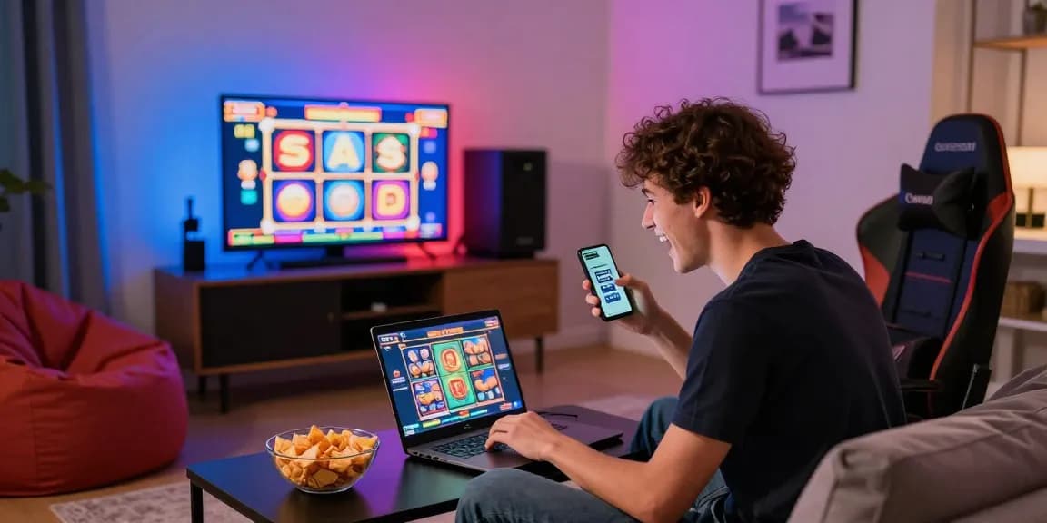 Engaging home gaming scene with a player enjoying deposit pulsa tanpa potongan on laptop, showcasing a vibrant atmosphere.
