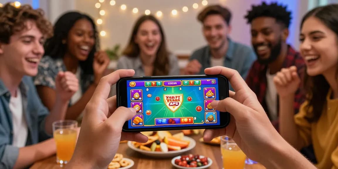 Download for Android 3 Patti Vegas APK - friends enjoying mobile gaming with vibrant atmosphere.