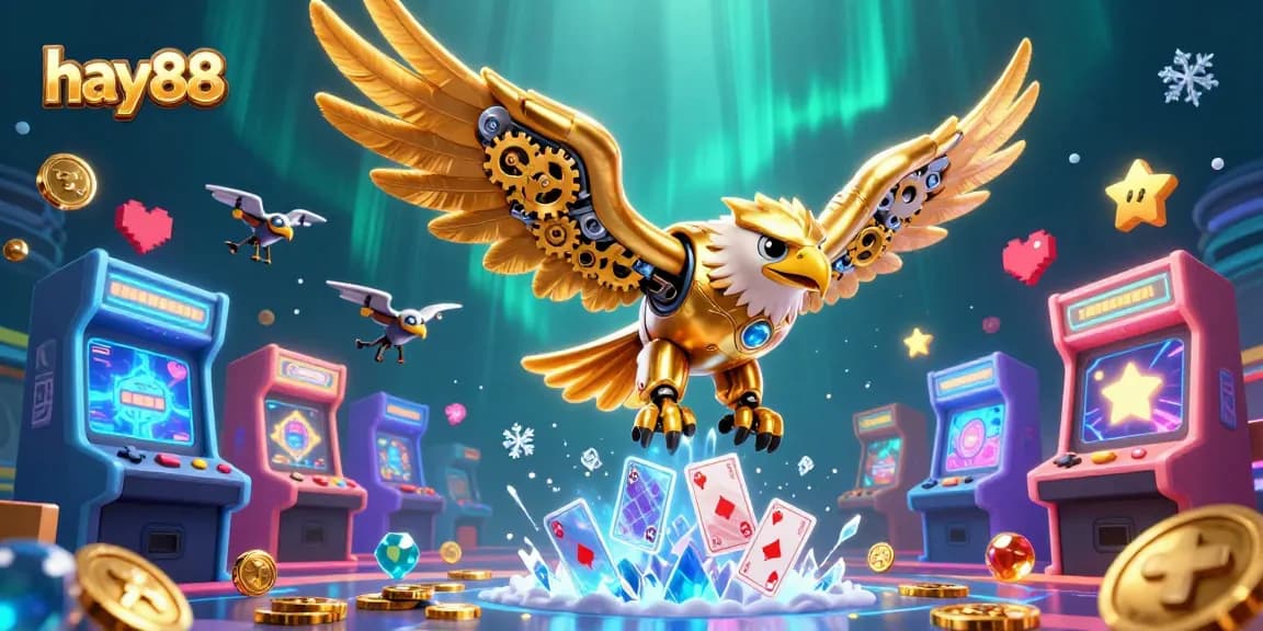 Experience the excitement of hay88 with our 3D cybernetic eagle soaring through vibrant playing cards.