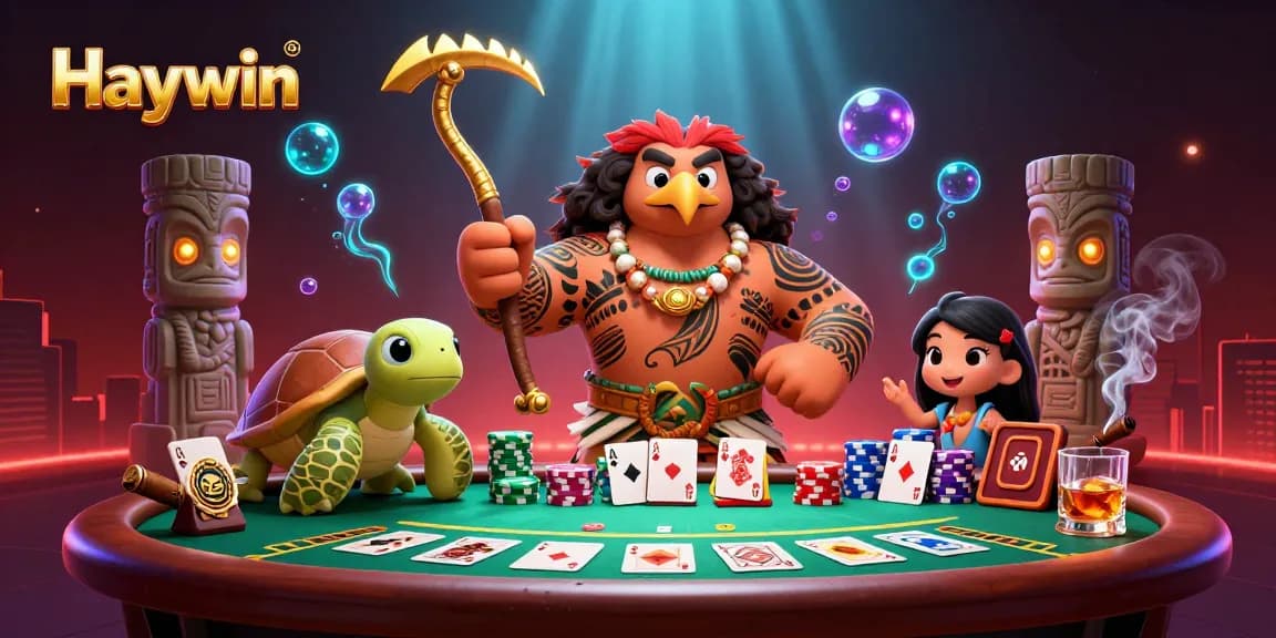 Haywin showcases a vibrant and dynamic casino scene with a Polynesian demigod and turtle at a poker table.