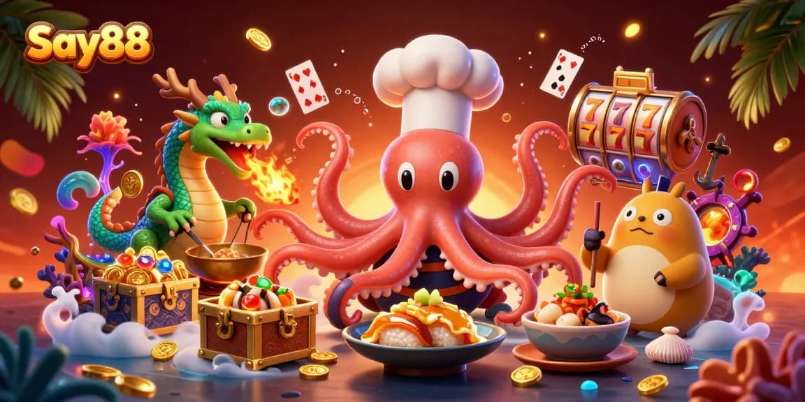 Engage with thrilling casino adventures at Say88 featuring a whimsical octopus chef and dragon.