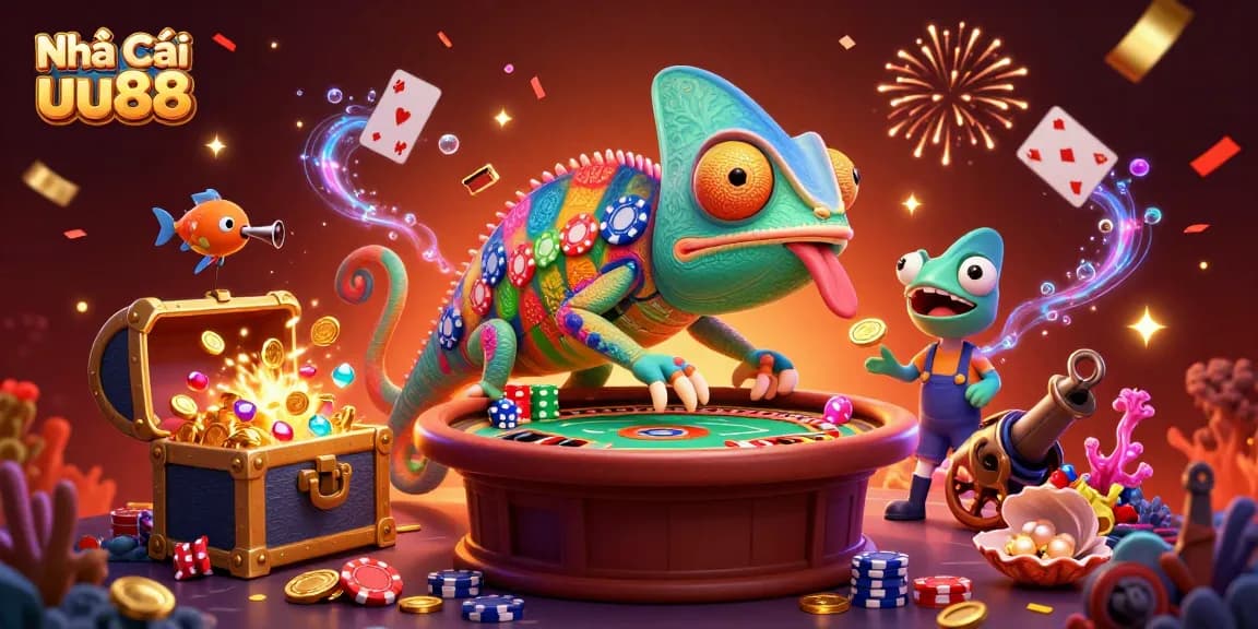 Experience the excitement at Nhà cái uu88 with a chameleon-themed casino illustration, vibrant and packed with playful elements.