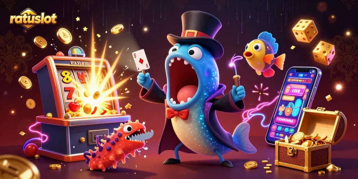 Experience thrilling slots with ratuslot's vibrant casino illustration featuring engaging characters and exciting gaming elements.