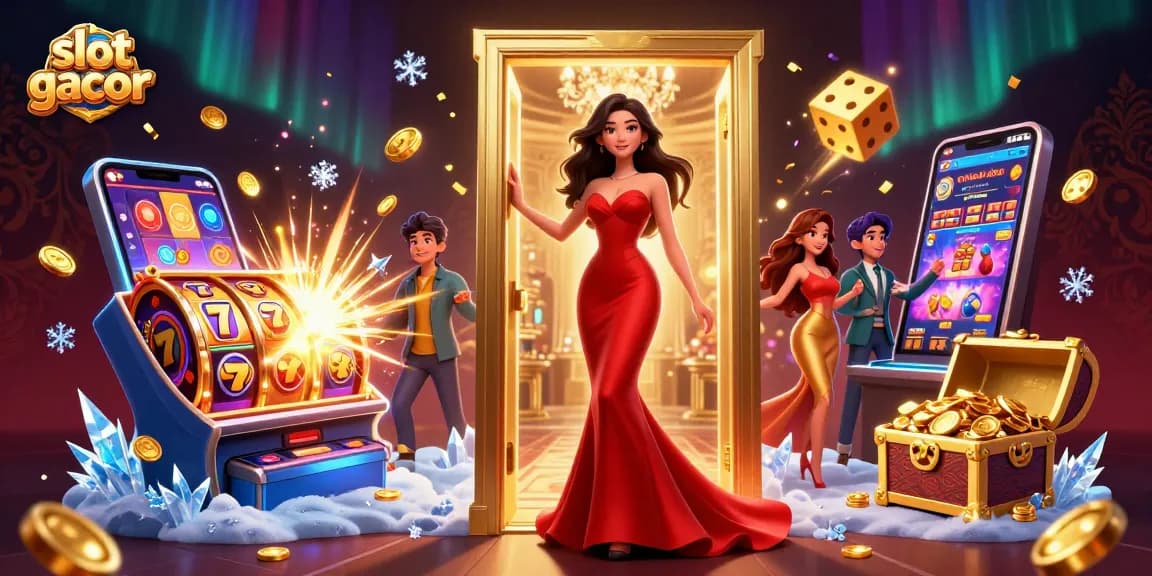 Berinteraksi dengan kegembiraan jackpot slot gacor melalui ilustrasi kasino yang cerah.