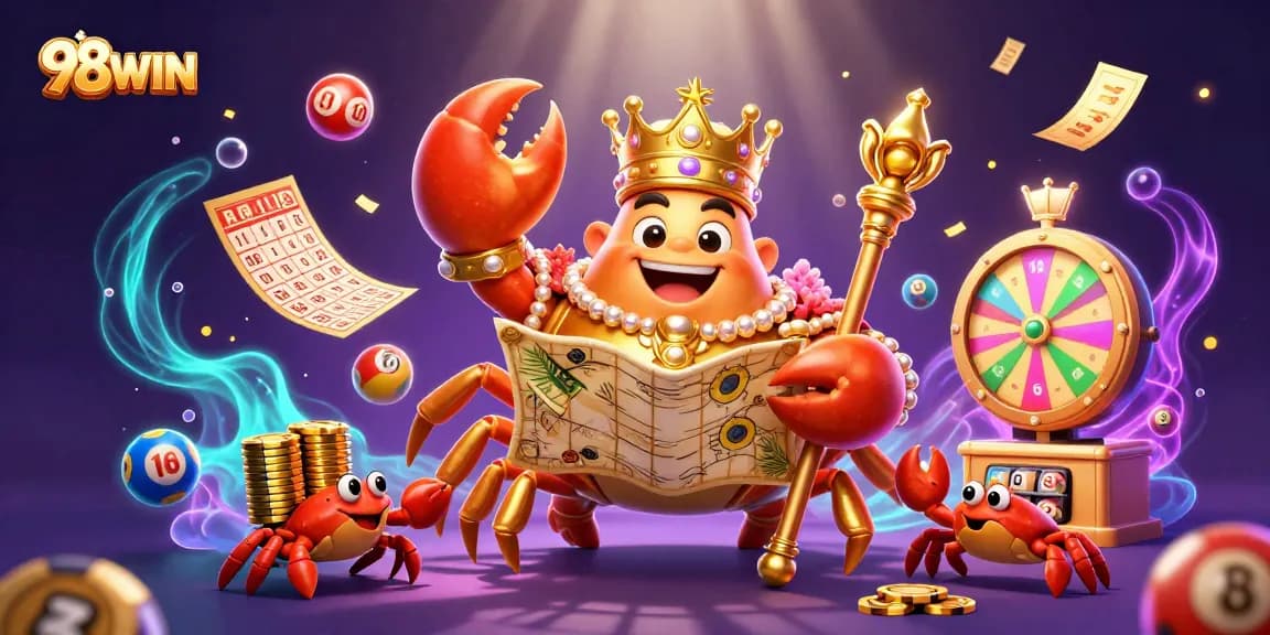 Win big with 98WIN's thrilling golden crab emperor in a vibrant casino scene.