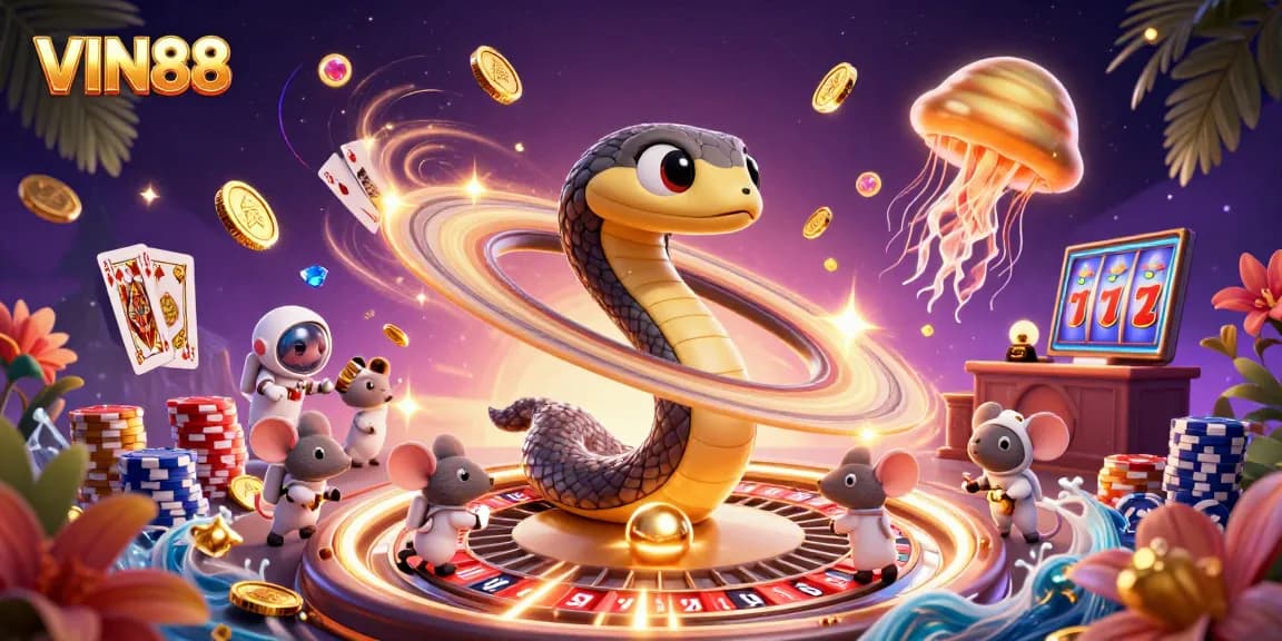 Experience exhilarating gambling action with VIN88, featuring dynamic characters and a vibrant cosmic casino.