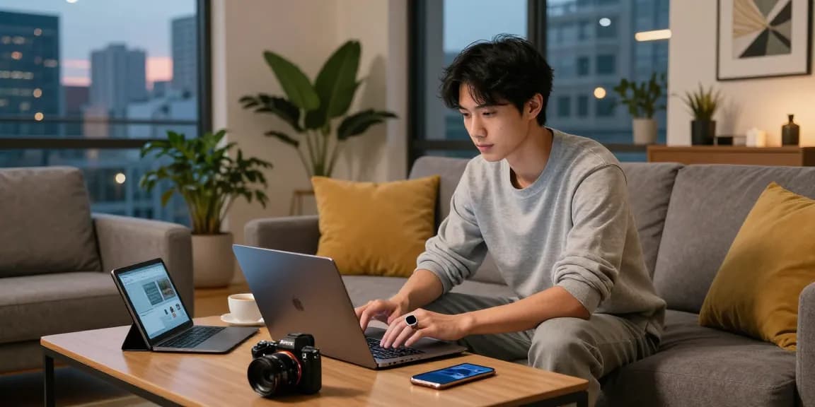 Stylish young professional using a smart ring while working on a laptop in a modern apartment.
