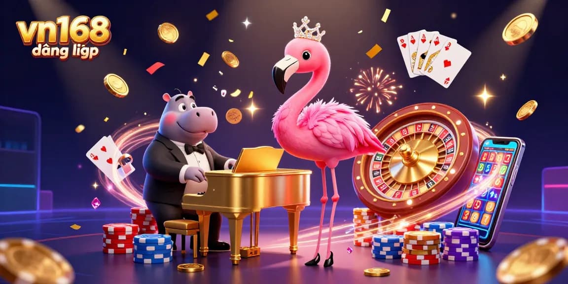 Experience thrilling gaming space as vn168 đăng nhập showcases vibrant casino elements with a lively flamingo singer and hippo bassist.