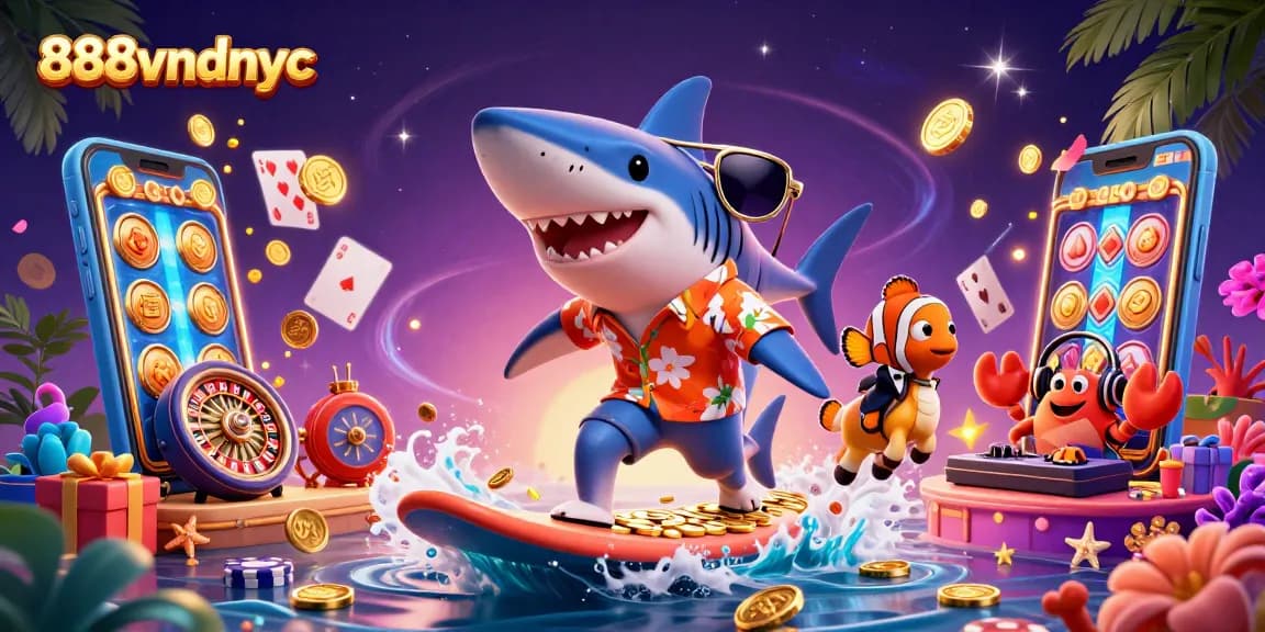 Engage with 888vndnyc's vibrant casino world, showcasing thrilling slots and playful characters.
