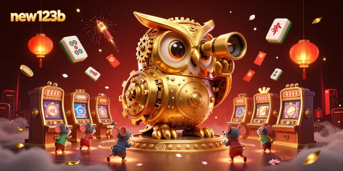 Experience excitement at new123b with an enchanting scene of a golden owl observing a lively casino floor.