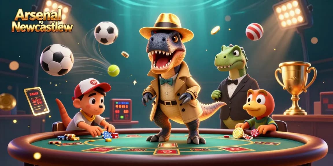 Taruhan menarik Arsenal vs Newcastle di kasino dengan dinosaurus dan bola olahraga yang dinamis.
