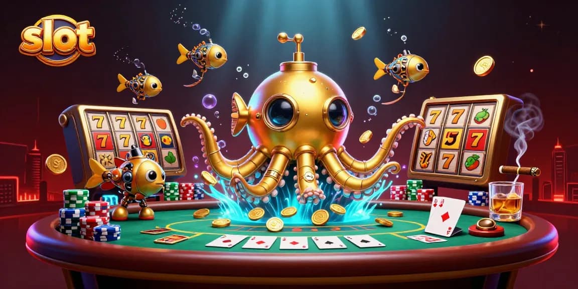 Experience the thrill of slot gameplay with dynamic golden kraken submarine emerging among coins.