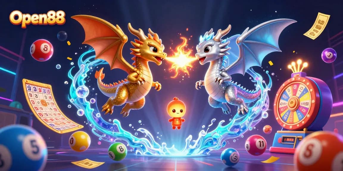 Engage with Open88's dynamic gaming experience featuring golden and silver dragons in a vibrant casino scene.