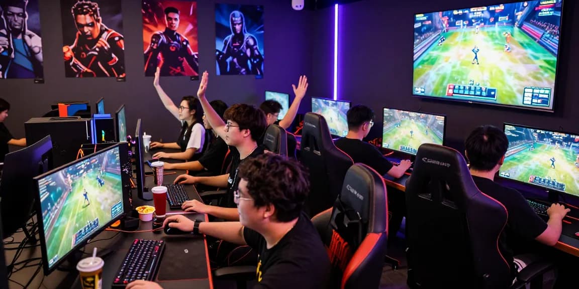 Dynamic gaming scene at hitclub lounge with players cheering and snacks