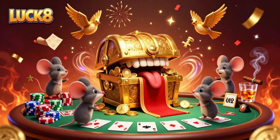 LUCK8 spins excitement at the table with treasure-filled adventures in this vibrant casino illustration.