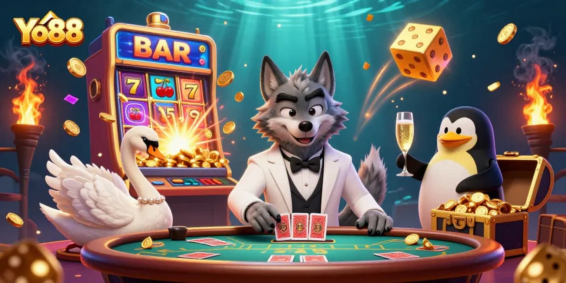 Experience the thrill of winning with Yo88's vibrant casino scene showcasing a debonair wolf, elegant swan, and sophisticated penguin.