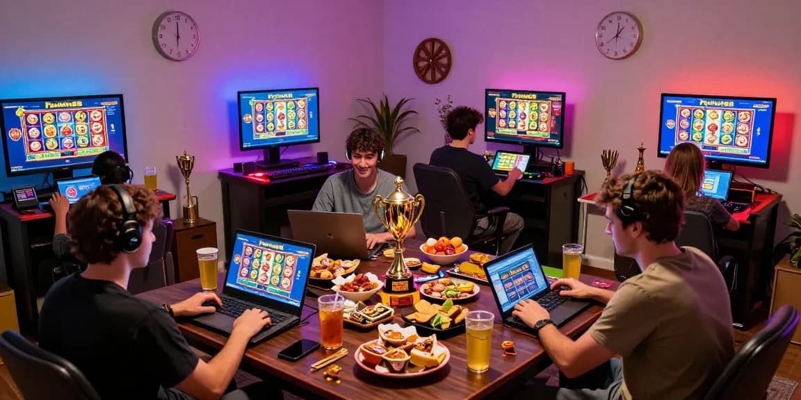 Para pemain menikmati turnamen slot Fujiwin88 di rumah, menampilkan suasana seru dan dekorasi cerah.