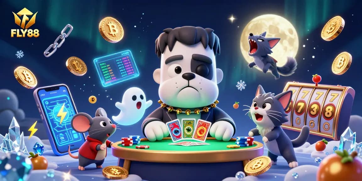 FLY88's thrilling casino scene features a bulldog monster dealing cards, surrounded by vibrant game elements.