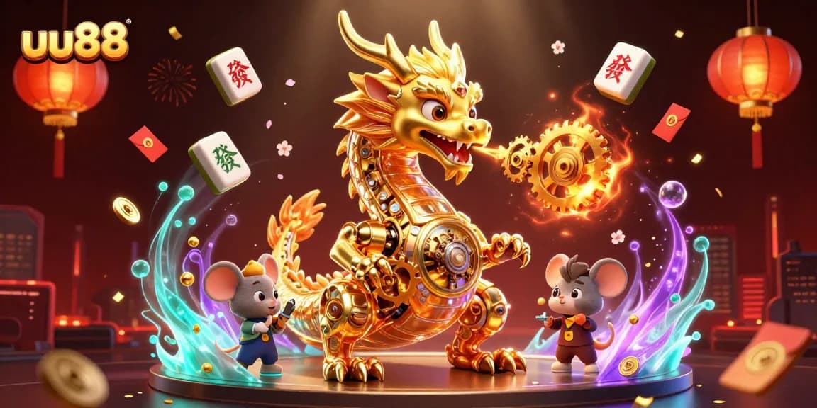 Experience the excitement of uu88 with a vibrant scene showcasing a golden dragon and unique gambling elements.