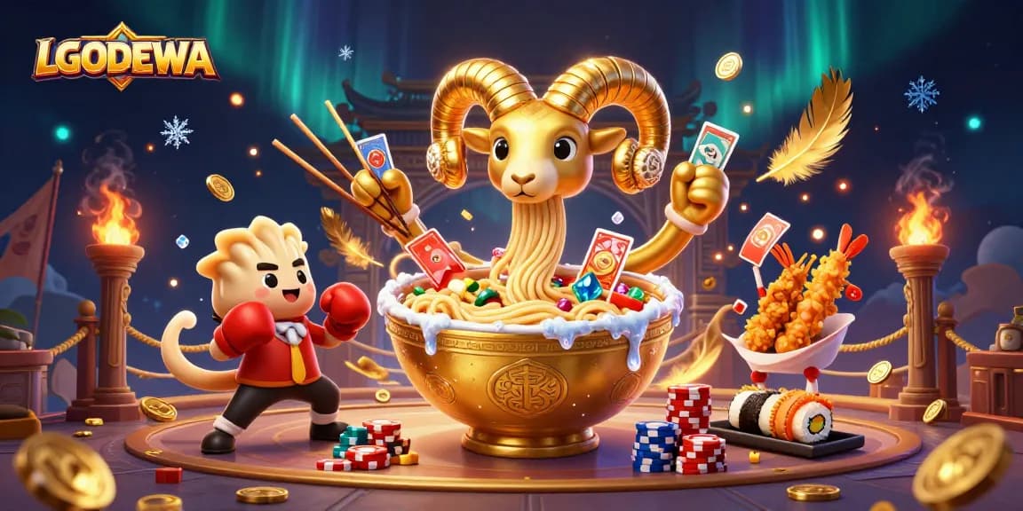 Engage with LGODEWA's vibrant casino scene, where a giant ramen bowl and friends deal winning hands in a dynamic arena.