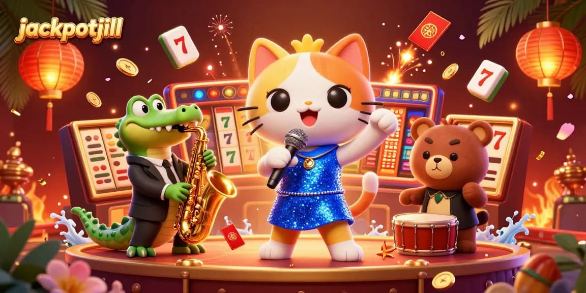 Charming scene with jackpotjill characters performing in a vibrant casino atmosphere filled with winning elements.