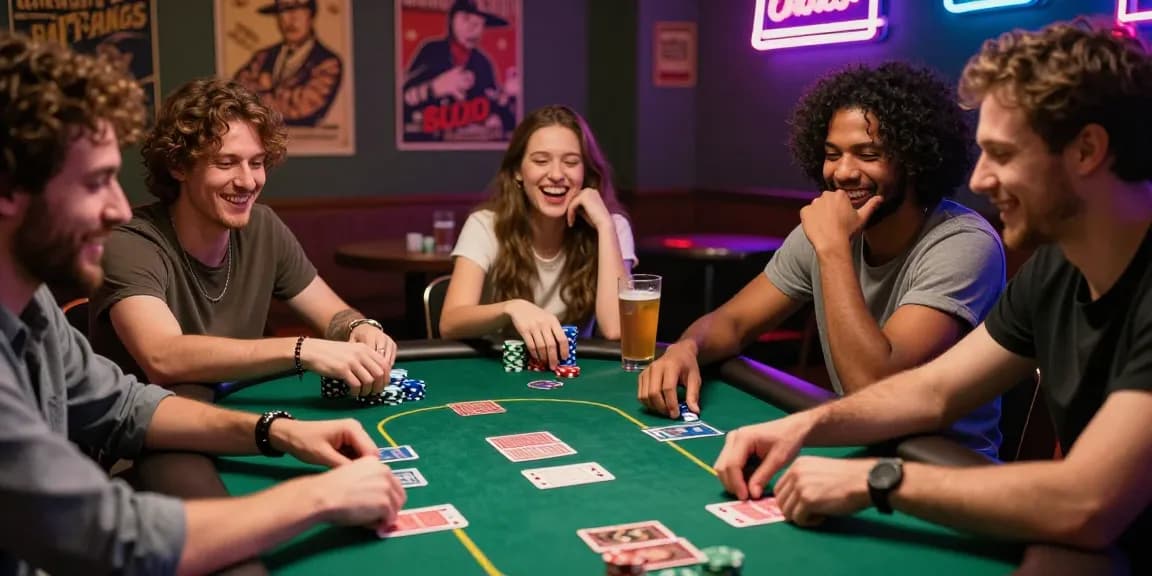Friends enjoying a poker game at rokok88 link alternatif table in a lively atmosphere