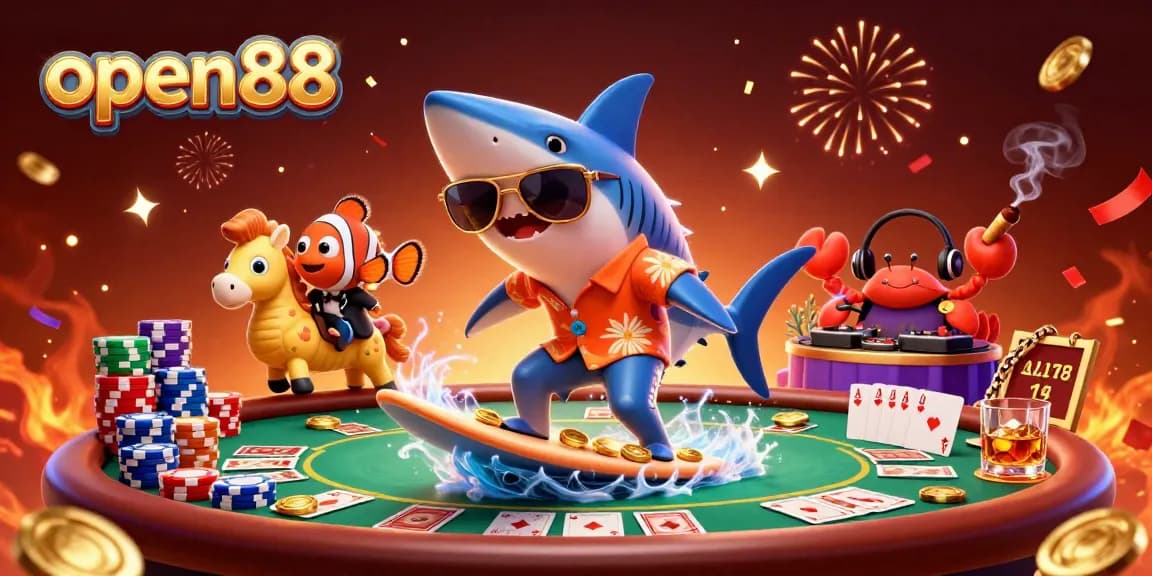 Join the excitement at open88 with a shark surfing gold coins in a lively casino scene!