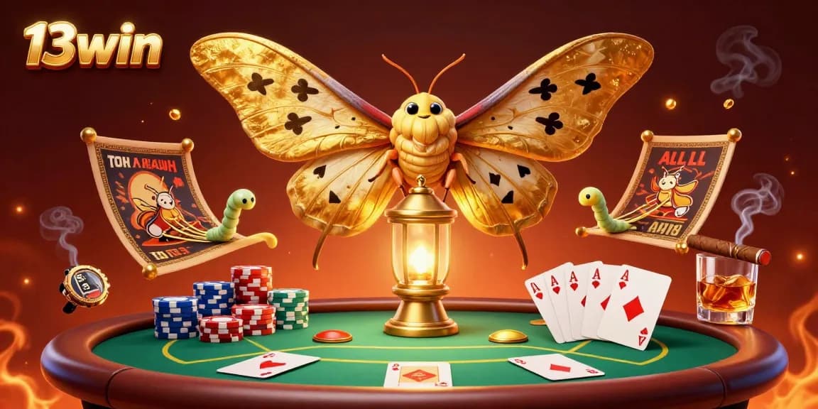 Immerse in the dynamic world of 13win, showcasing golden moths and poker battles in stunning detail.