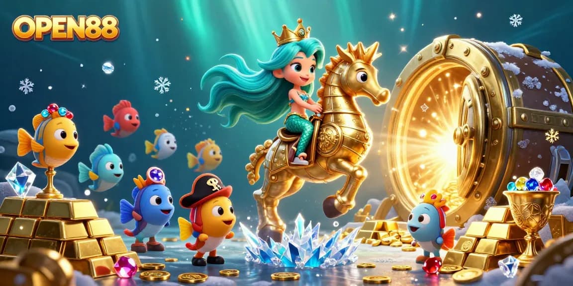 Experience the fun of gambling at OPEN88 with a vibrant underwater casino adventure illustration.