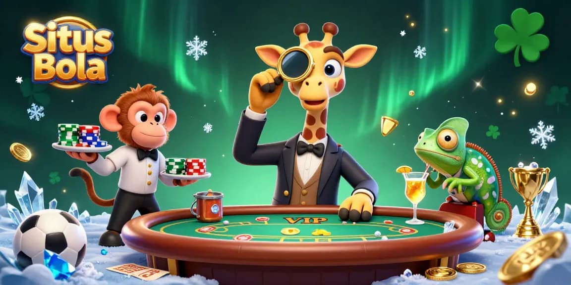 Place your bets on Situs Bola with this vibrant scene featuring a giraffe, monkey, and chameleon