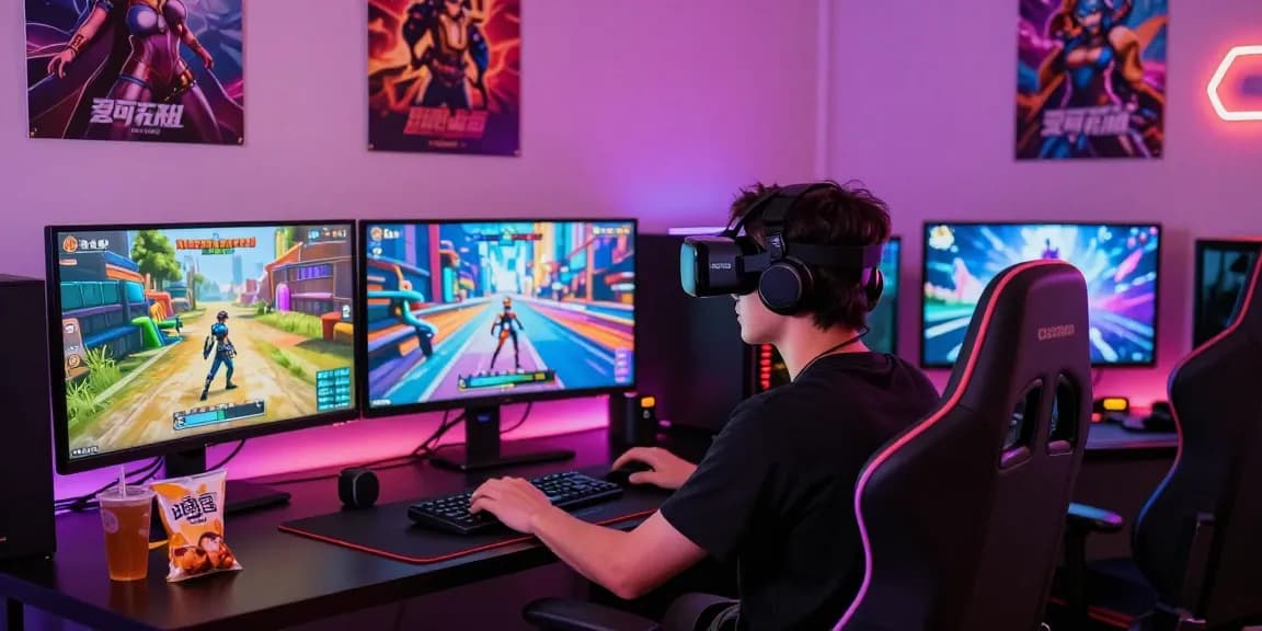Engaging gamer playing an android hentai game in a vibrant setup with immersive graphics.