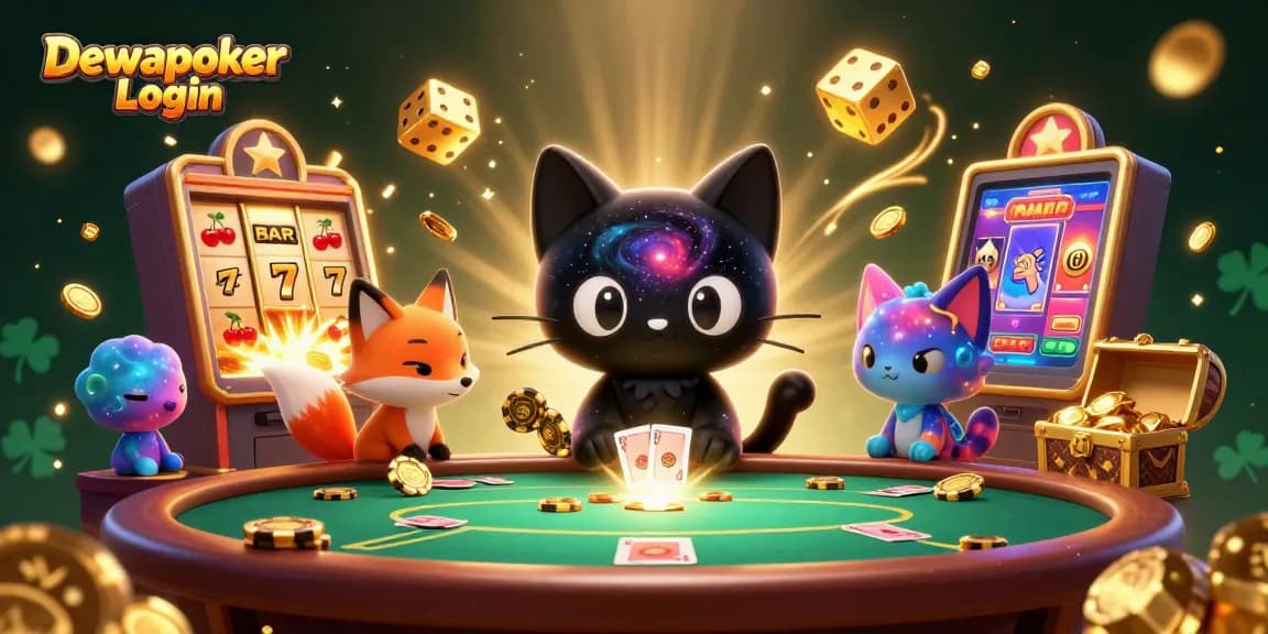 Dewapoker Login reveals vibrant gameplay with a cosmic cat, showcasing vivid poker action and golden riches.