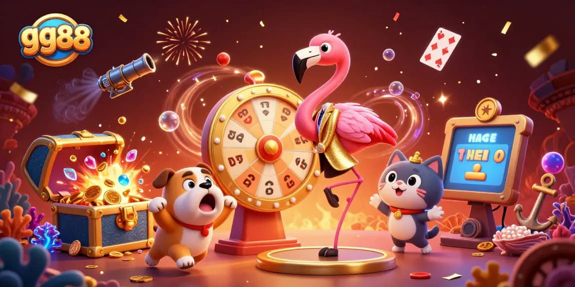 Play thrilling games at gg88 with colorful treasures and vibrant casino elements in this exciting scene.