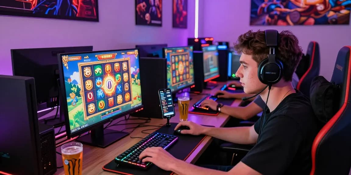Pemain slot gacor bersemangat dalam sesi permainan jackpot, dikelilingi peralatan gaming modern dan suasana mengasyikkan.