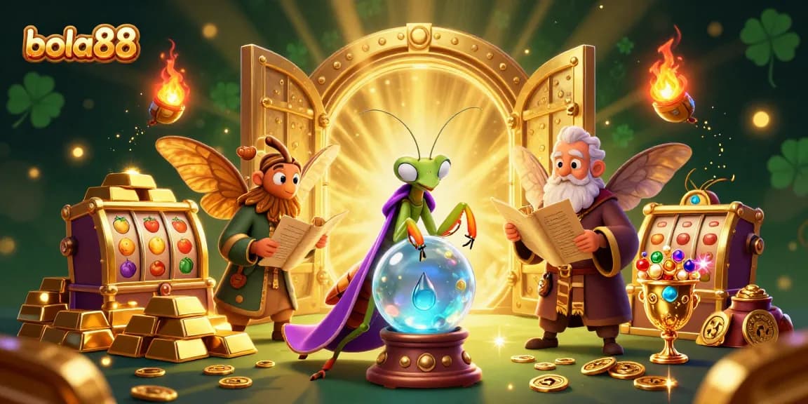 Bola88 features an enchanting 3D scene with a fortune teller and librarian amidst slot game elements and treasures.
