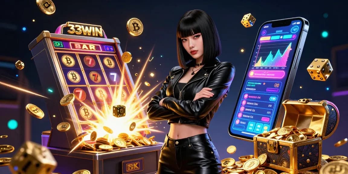 Experience the excitement of 33WIN with a dynamic casino scene featuring a powerful Asian woman and vibrant gaming elements.