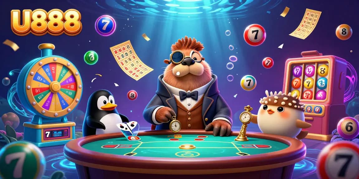 Join the fun at U888 as the walrus plays poker underwater amidst lively casino elements