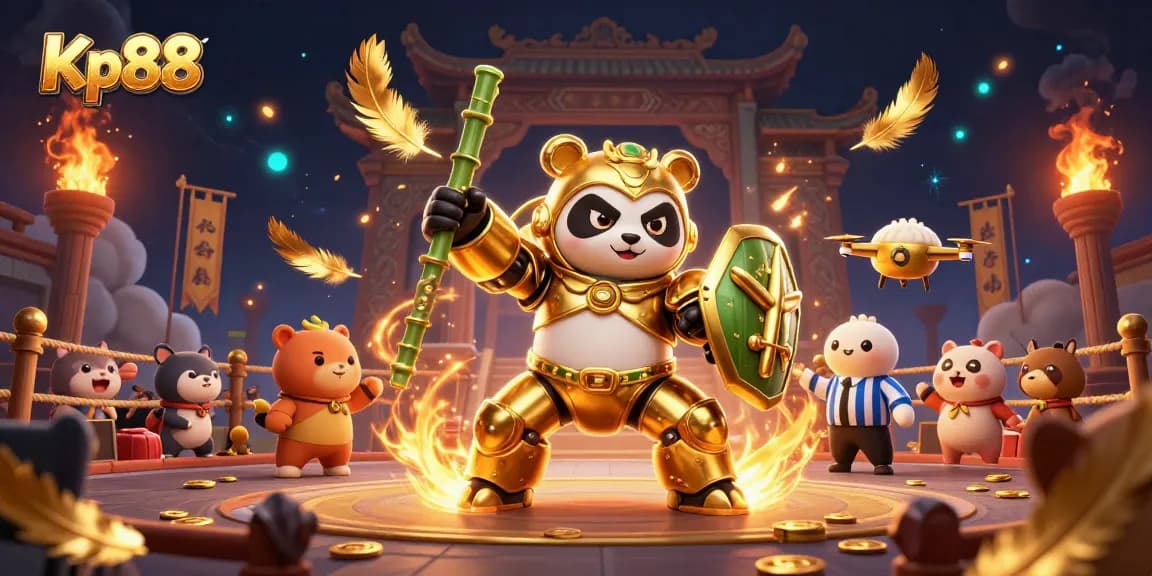 Kp88 showcases an exciting 3D arena scene with a mech-suit panda engaging in thrilling gaming action.