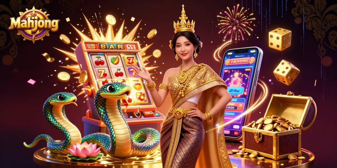 Play mahjong with a beautiful Asian woman in traditional costume, Naga serpent, and dynamic casino elements.