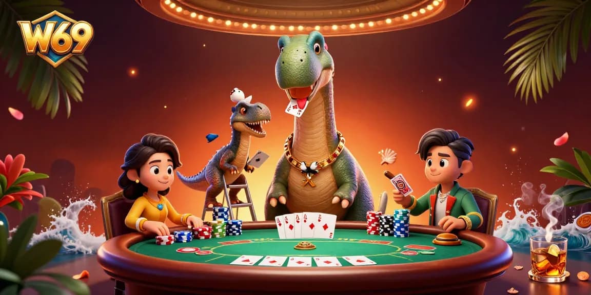 W69 casino highlights fun gameplay with a giant dinosaur dealer at a colorful poker table.