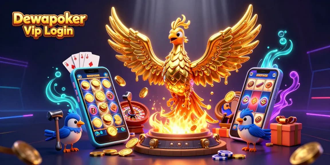 Engage with Dewapoker Vip Login, featuring a molten phoenix and dynamic casino elements.